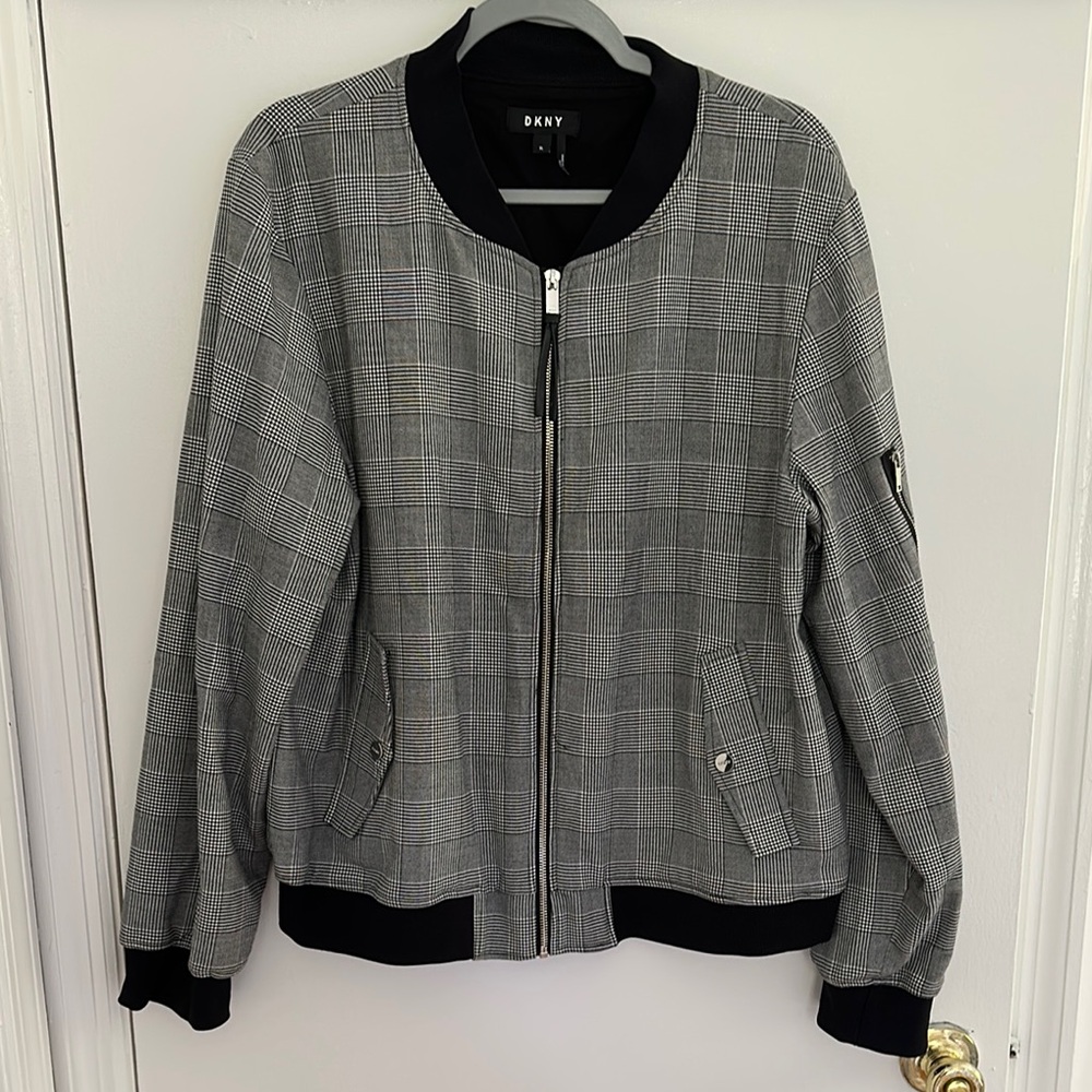 DKNY Gray and Black Bomber Jacket with Plaid Design